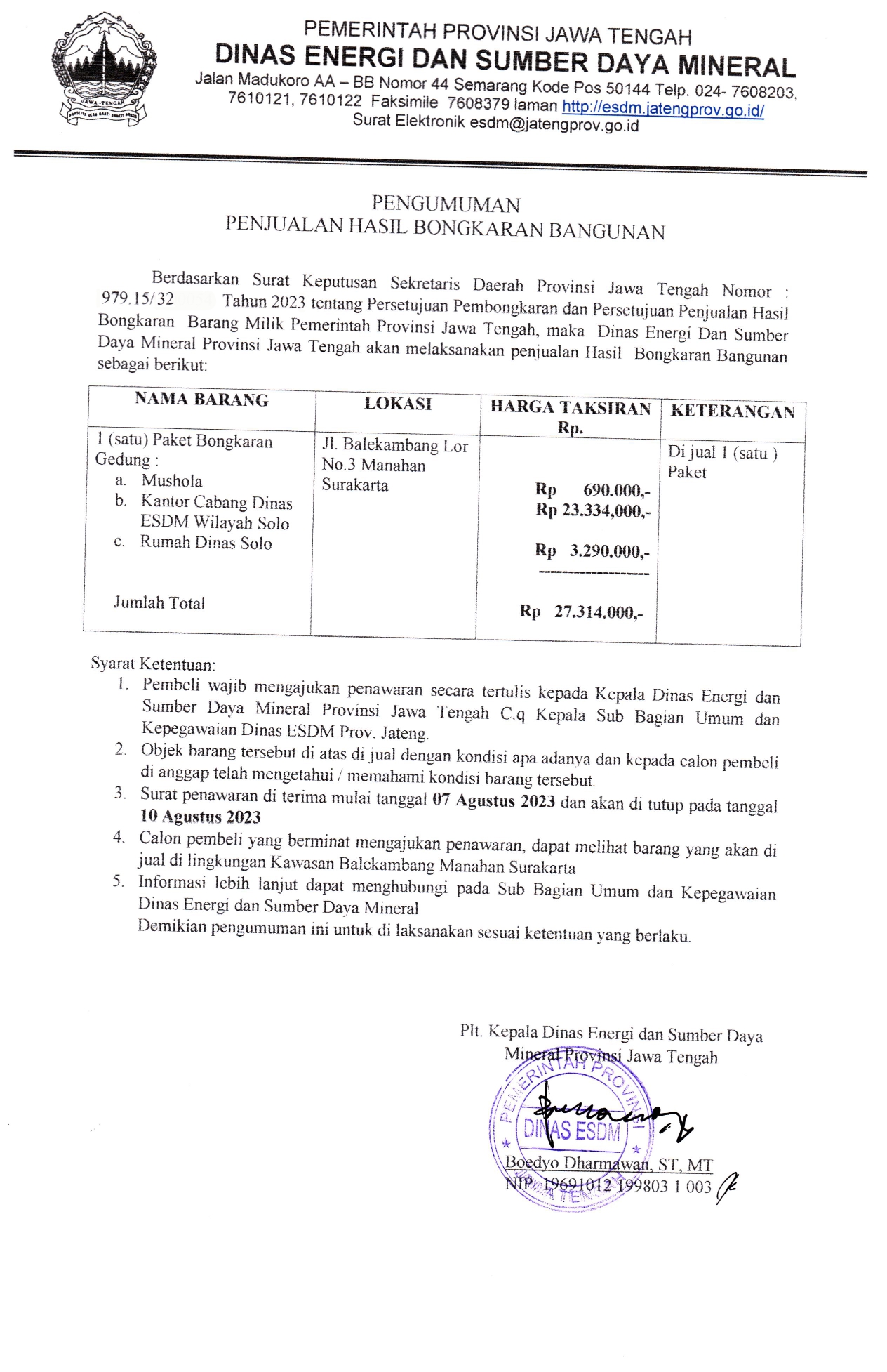 Pengumaman Lelang Penjualan Hasil Bongkaran Bangunan